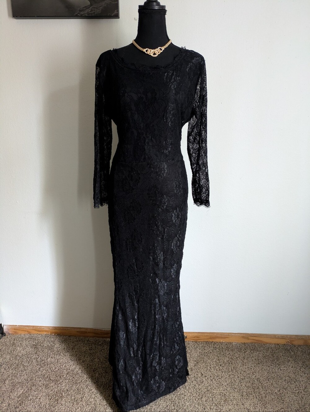 "Often" Black Lace Long Sleeve Maxi Dress - Size XXL - Elegant Evening Gown